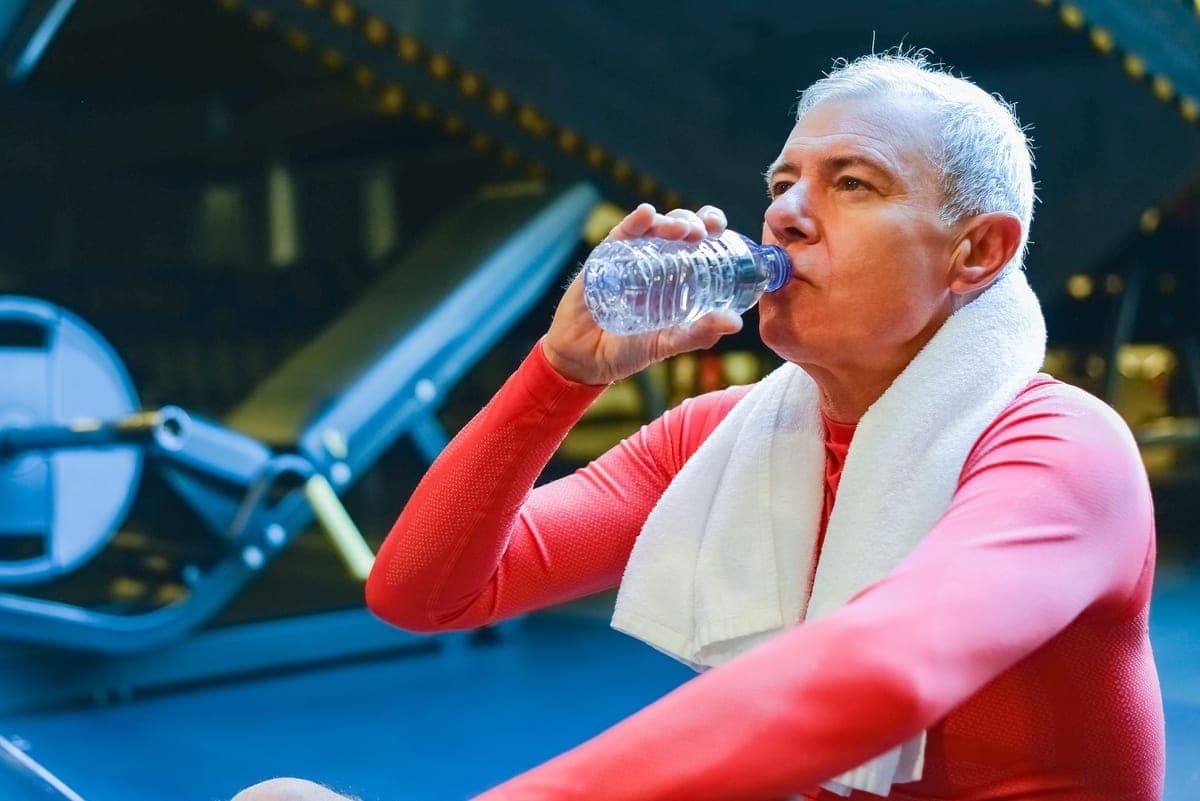 A man resting in a gym and drinking from a water bottle