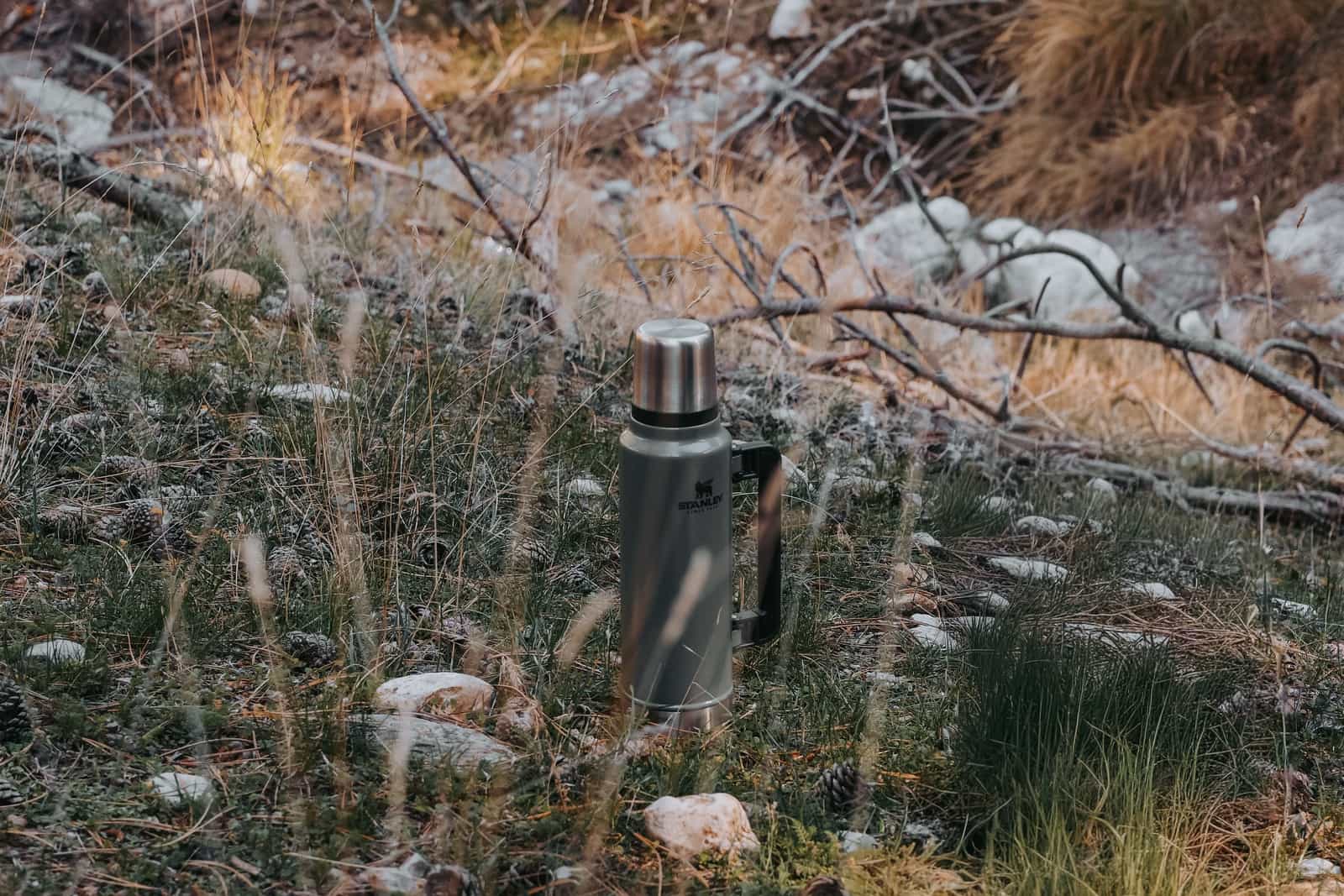 A stainless steel insulated bottle standing in forest grass beside rocks